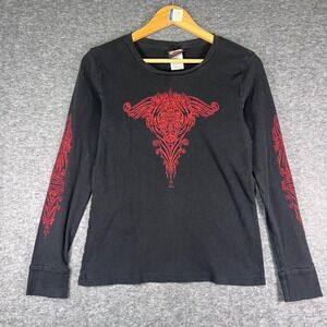 2000s Y2K Harley-Davidson Womens Long Sleeve T-Shirt Black Red Filigree Texas
